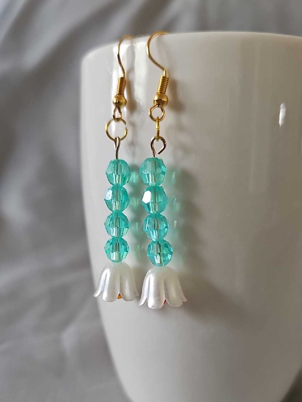 Aqua Bead White Flower Drop Earrings